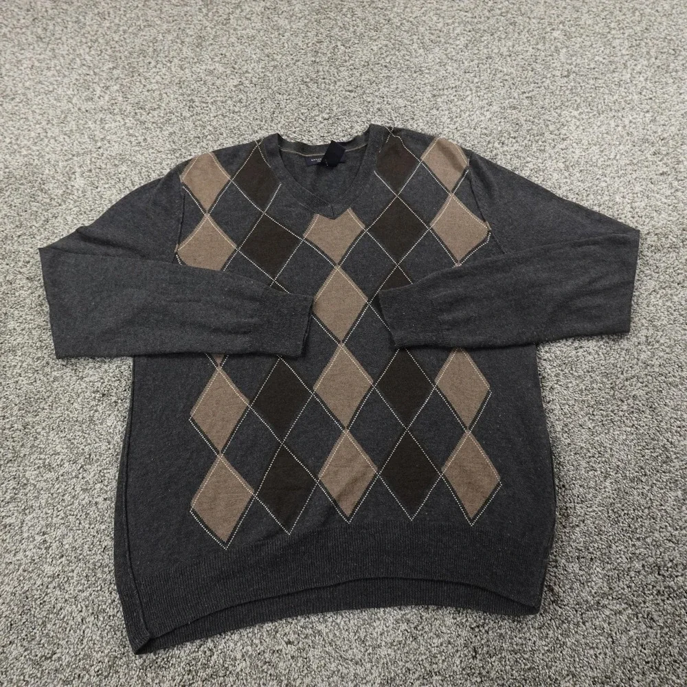 Banana Republic Sweater Mens M Brown Silk Cashmere Argyle‎ Pullover V Neck Soft